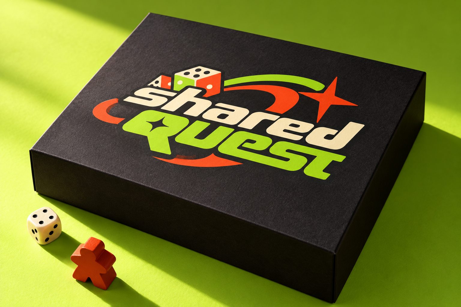 Shared Quest packaging concept on a green background