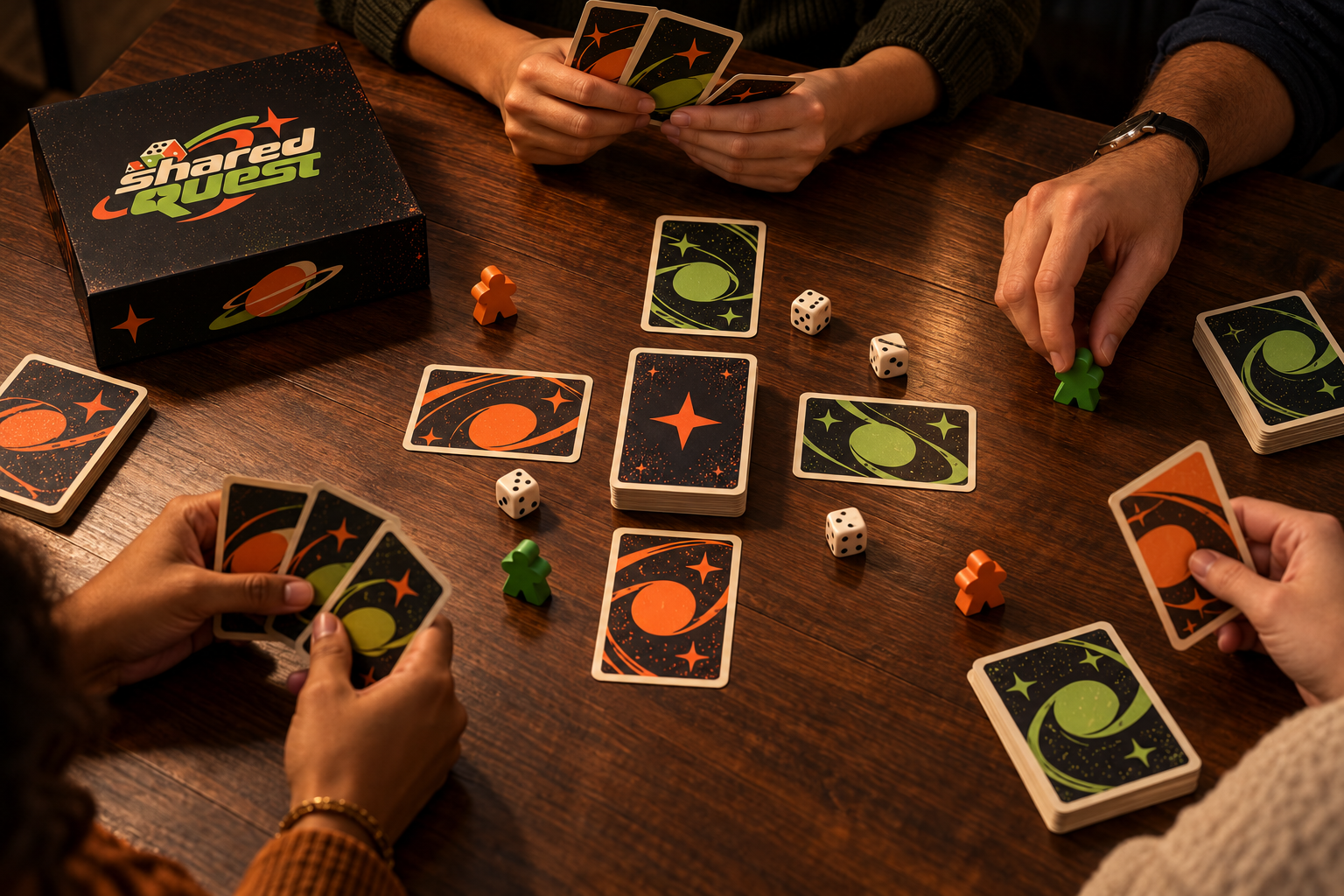 Conceptual game-night scene with cards, dice and tokens